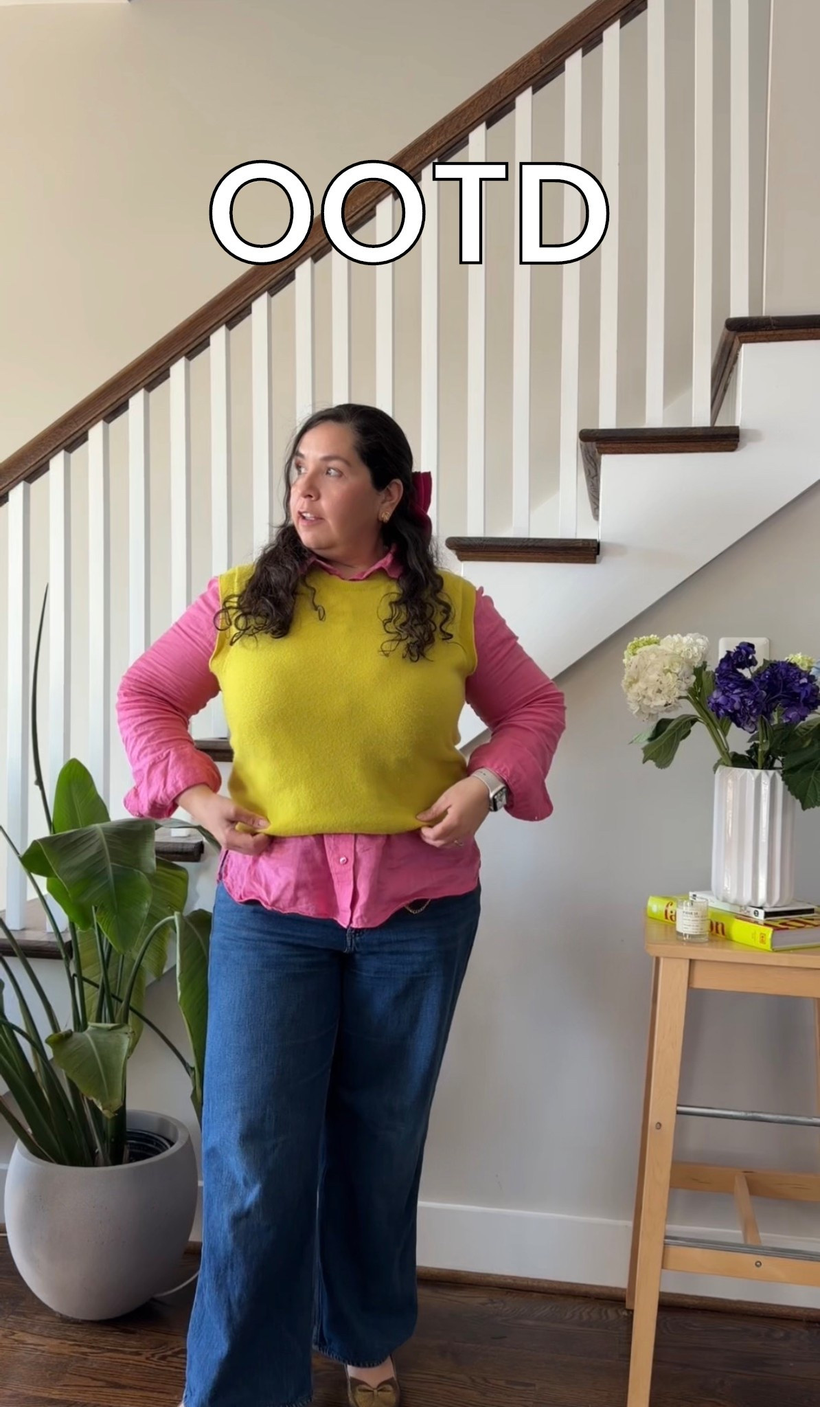 Casual outfit with color contrast ✨
Fuchsia button down + chartreuse vest for a high contrast moment.
Wearing my go-to jeans, Ferragamo heels (new 👀) and a J.Crew cashmere vest layered on top.
Relaxed, wearable, but the colors do all the work.

#LTKOver40 #LTKootd