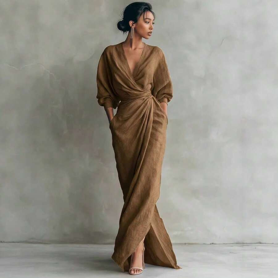 Linen-Blend Wrap Maxi Dress, V-Neck Batwing Sleeve Waist Tie With Slit, Elegant Formal Evening Gown | SHEIN