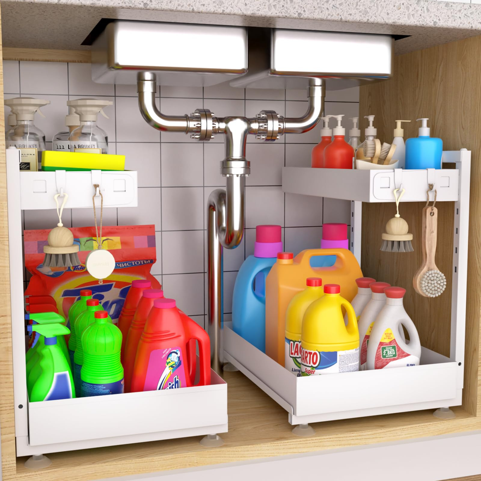 Under Sink Organizer Bathroom Kitchen: 2 Pack 2 Tier Metal Under Cabinet Storage with Height-adju... | Amazon (US)