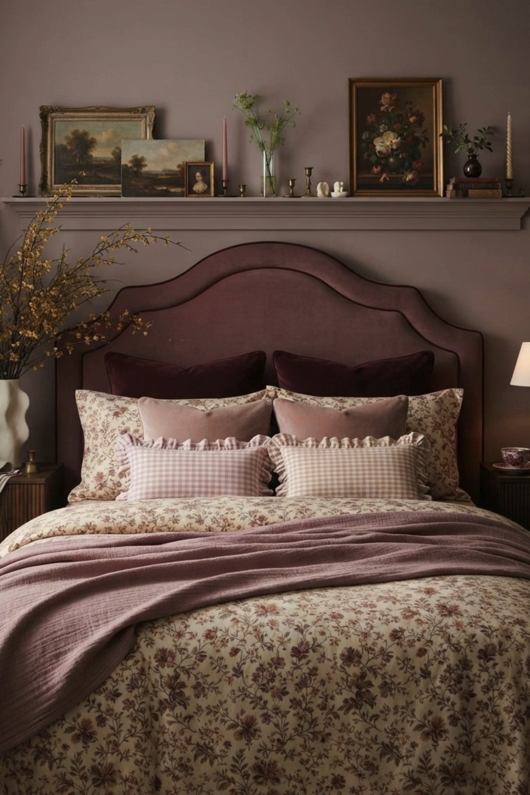 Romantic Mauve Bedroom 🌸 This dreamy bedroom blends English cottage style, grandmillennial decor, and vintage-inspired interiors with a rich mauve and burgundy color palette. A sculptural upholstered headboard creates a beautiful focal point, layered with floral bedding, gingham ruffle pillows, velvet accents, and a soft dusty rose throw. The collected picture ledge filled with vintage landscape paintings, floral artwork, taper candles, antique-style books, and delicate greenery adds old-world character, while dark wood nightstands and warm lighting complete the cozy, feminine look. 🖤 If you want to see more content like this, FOLLOW maeveandmodern on LTK, Instagram, and Pinterest! Check out our blog where we post daily, maeveandmodern.com! Romantic Mauve Bedroom | Mauve Bedroom Ideas | English Cottage Bedroom | Grandmillennial Bedroom | Cottagecore Bedroom | Vintage Inspired Bedroom | Floral Bedding | Floral Duvet Cover | Gingham Pillows | Ruffle Pillowcases | Burgundy Velvet Pillows | Dusty Rose Decor | Mauve Bedding | Upholstered Headboard | Statement Headboard | Layered Bedding | Cozy Bedroom Ideas | Feminine Bedroom Decor | Vintage Wall Art | Picture Ledge Styling | Vintage Landscape Art | Floral Wall Art | Antique Inspired Decor | Cottage Bedroom Decor | Traditional Bedroom Ideas | Dark Wood Nightstands | Warm Neutral Lighting | Collected Interiors | Moody Feminine Decor | Cozy Home Inspiration

#LTKHome #LTKSaleAlert #LTKSeasonal