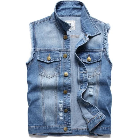 LZLER Mens Denim Vest Sleeveless Fashion Ripped Retro Jean Vest Jacket | Walmart (US)