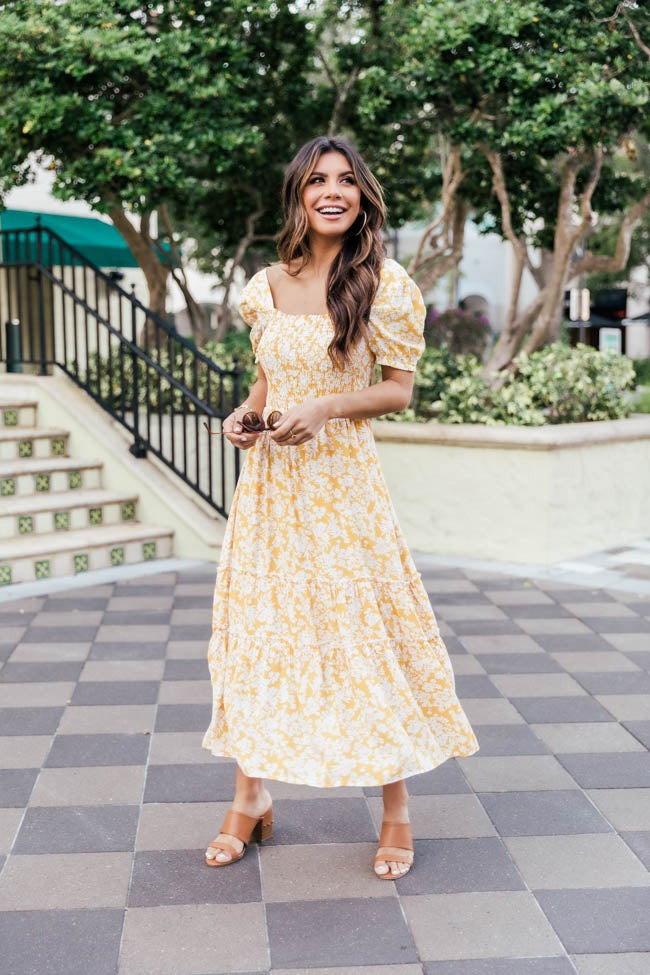 Sunshine Grace Floral Midi Yellow Dress | The Pink Lily Boutique