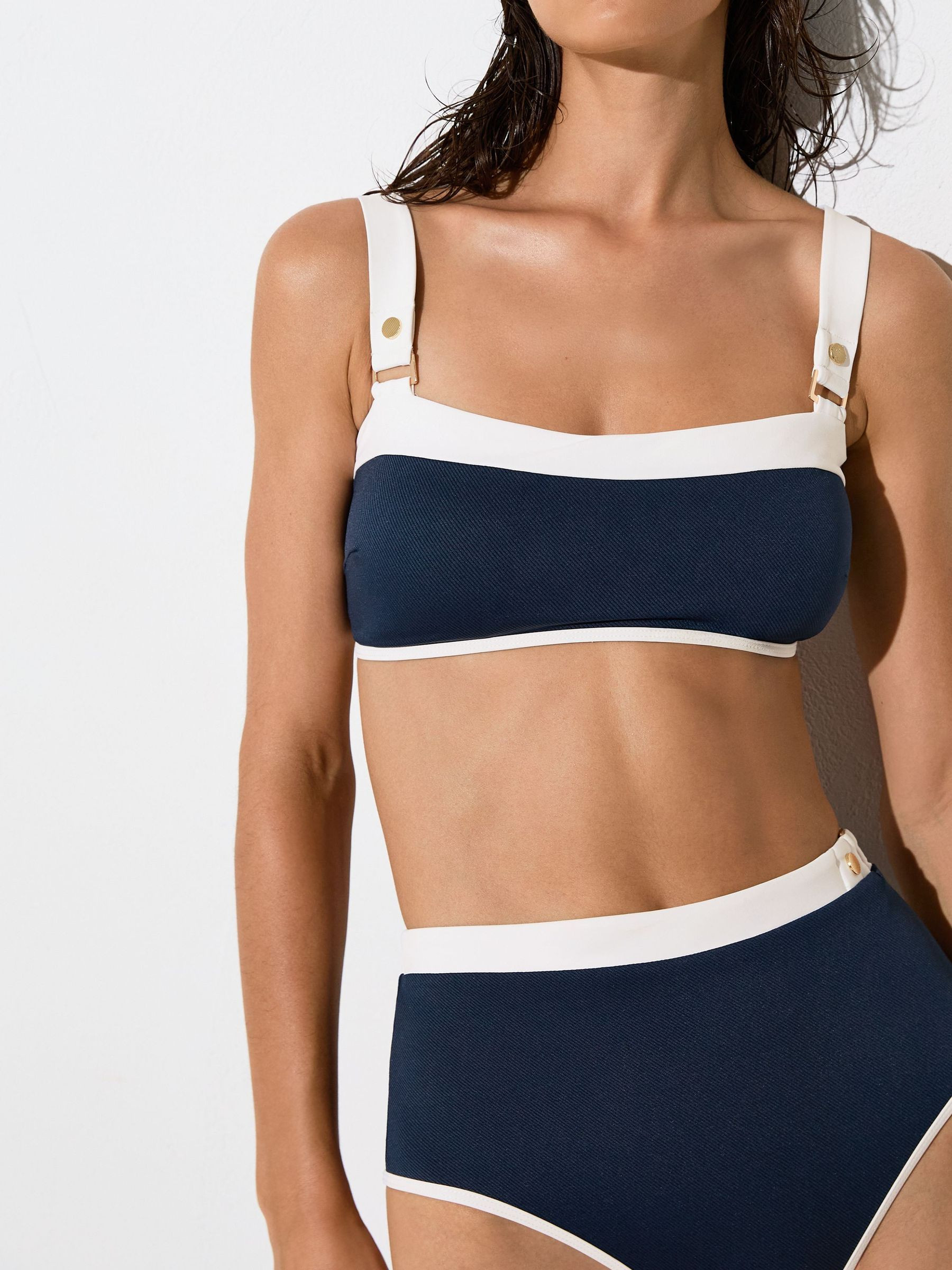 Reiss Textured Colour-Block Bikini Top in Navy/Ivory - REISS | Reiss UK