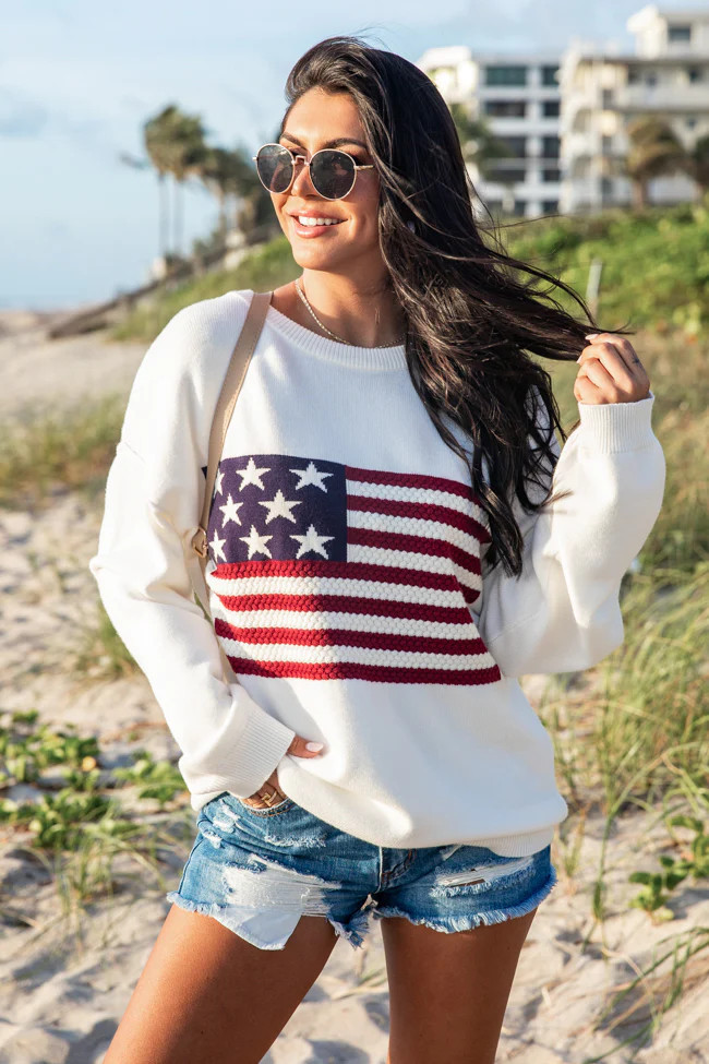 Home Of The Free Ivory Textured Flag Sweater | Pink Lily