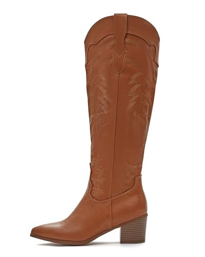 Coutgo Womens Cowgirl Boots Western Knee High Tall Boots Embroidered Chunky Heel Pointed Toe Zipper Dress Boots, Brown, Size 10 | Amazon (US)
