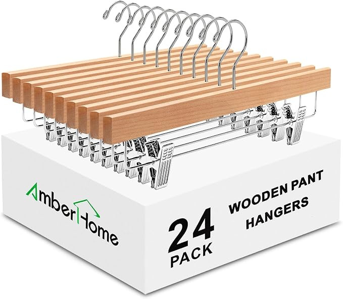 Amber Home 24 Pack Natural Wooden Pants Hangers with Clips, Wood Skirt Hangers Trouser Hangers fo... | Amazon (US)
