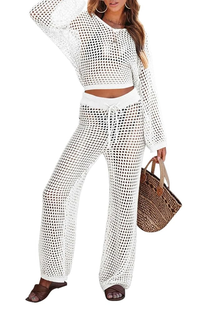 Pink Queen Women's Swimsuit Cover Up Set 2 Piece Crochet Long Sleeve Crop Top Wide Leg Pants Beac... | Amazon (US)