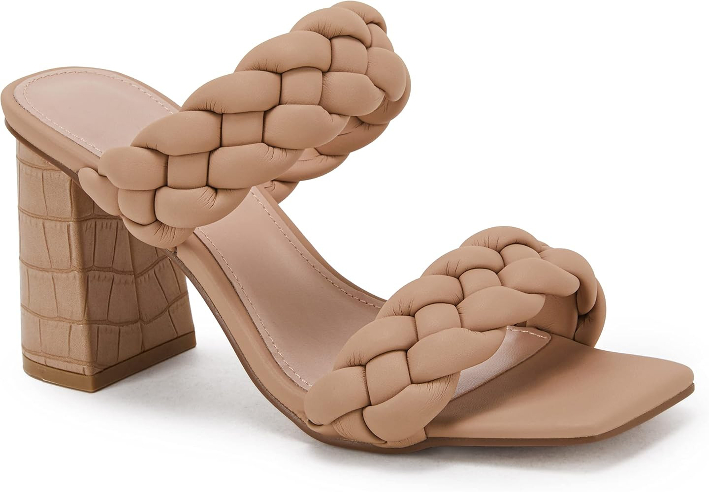 Syktkmx Women's Braided Heeled Sandals Backless Square Open Toe Block Slide Sandals | Amazon (US)