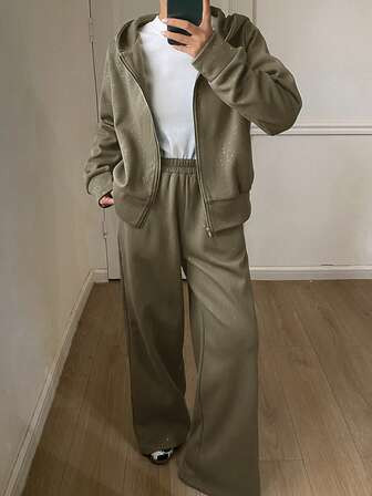 DAZY Women's Casual Hooded Sweatshirt Sweatshirt And Wide Leg Pants 2 Pieces Set, Autumn | SHEIN