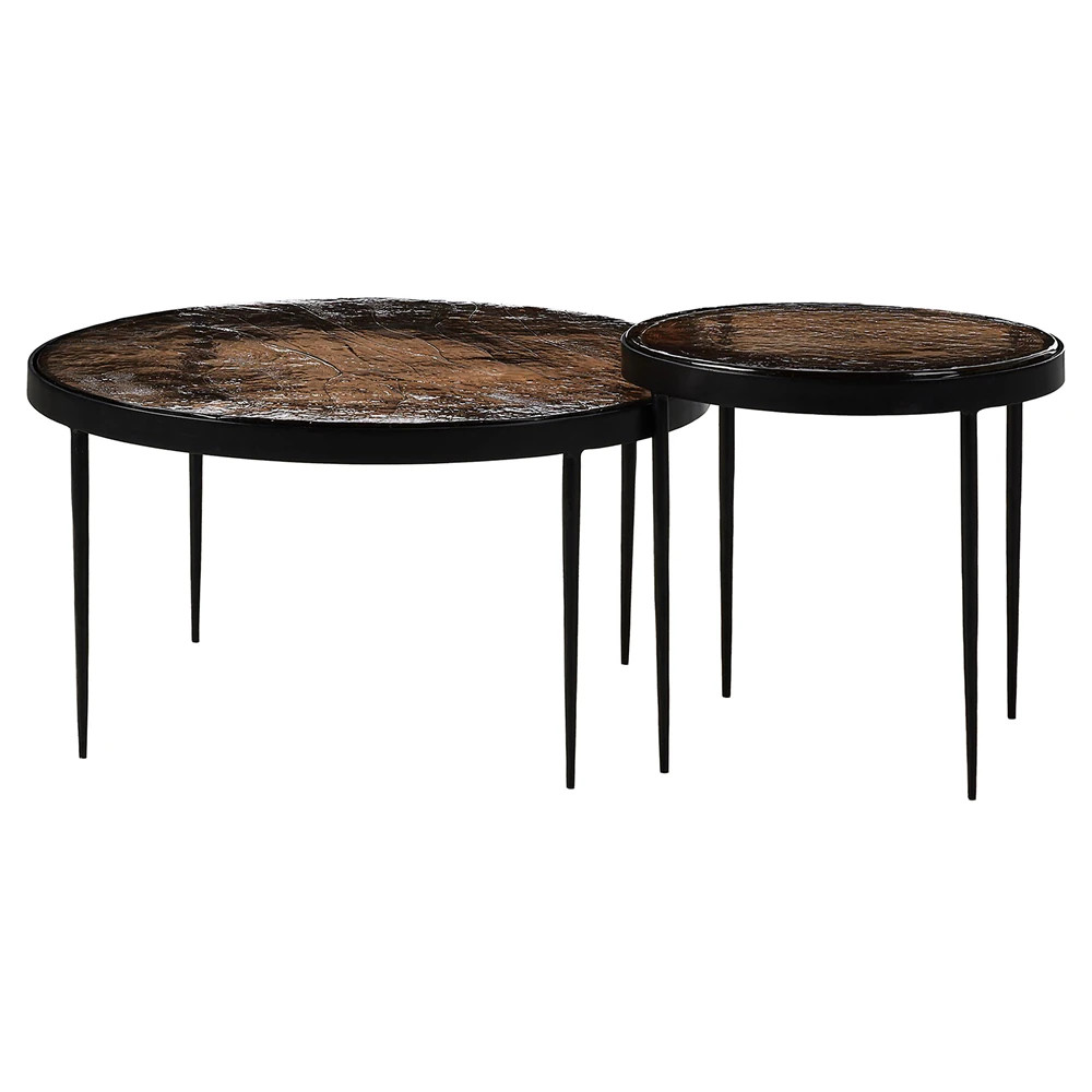 Finn Modern Classic Brown Glass Black Iron Nesting Tables | Kathy Kuo Home