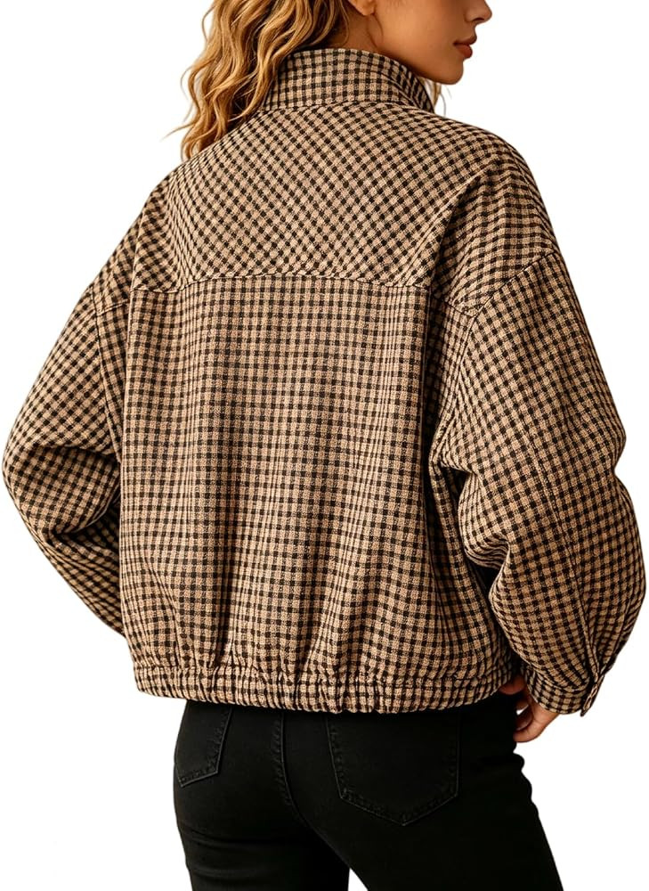 Checked Jacket Women Funnel Neck Cropped Bomber Jacket with Pockets | Amazon (UK)