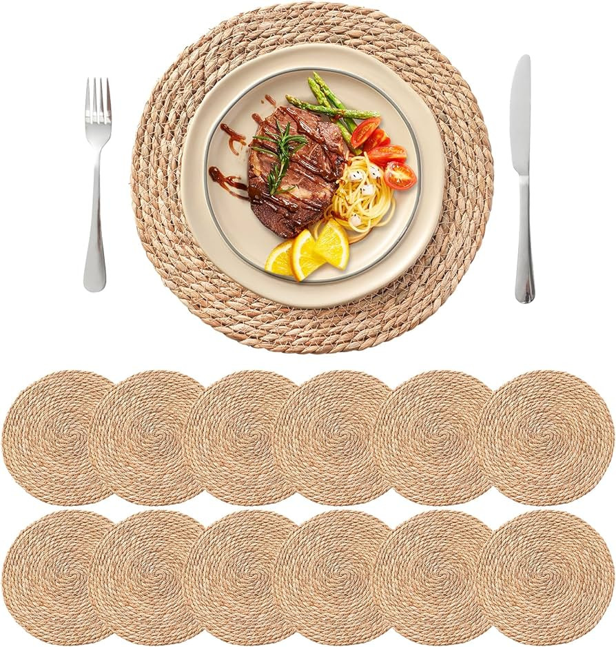13.5'' Round Woven Placemats Set of 12, Boho Rattan Chargers for Dinner Plates, Rustic Wicker Pla... | Amazon (US)