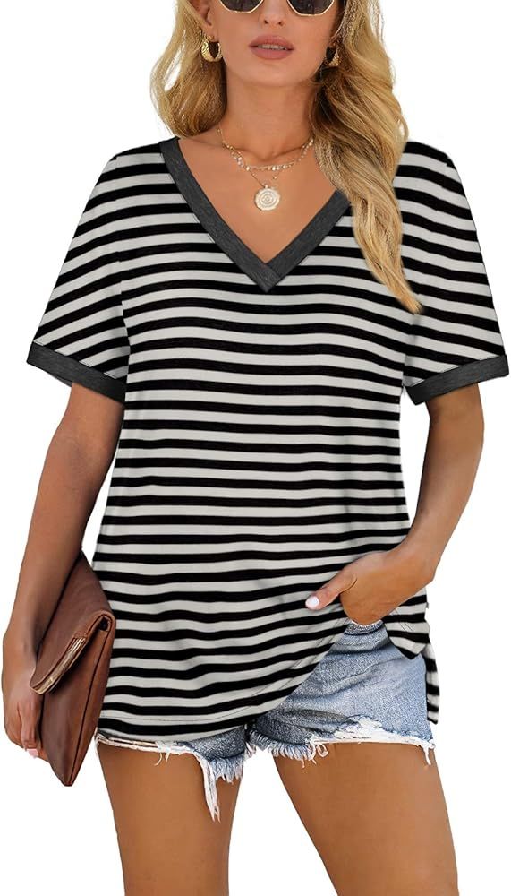 Sousuoty Womens Casual V Neck T Shirts Short Sleeve Summer Clothing Side Slit Tops | Amazon (US)