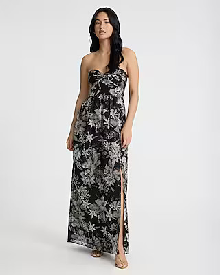 Metallic Floral Strapless Twist Front Maxi Dress | Express