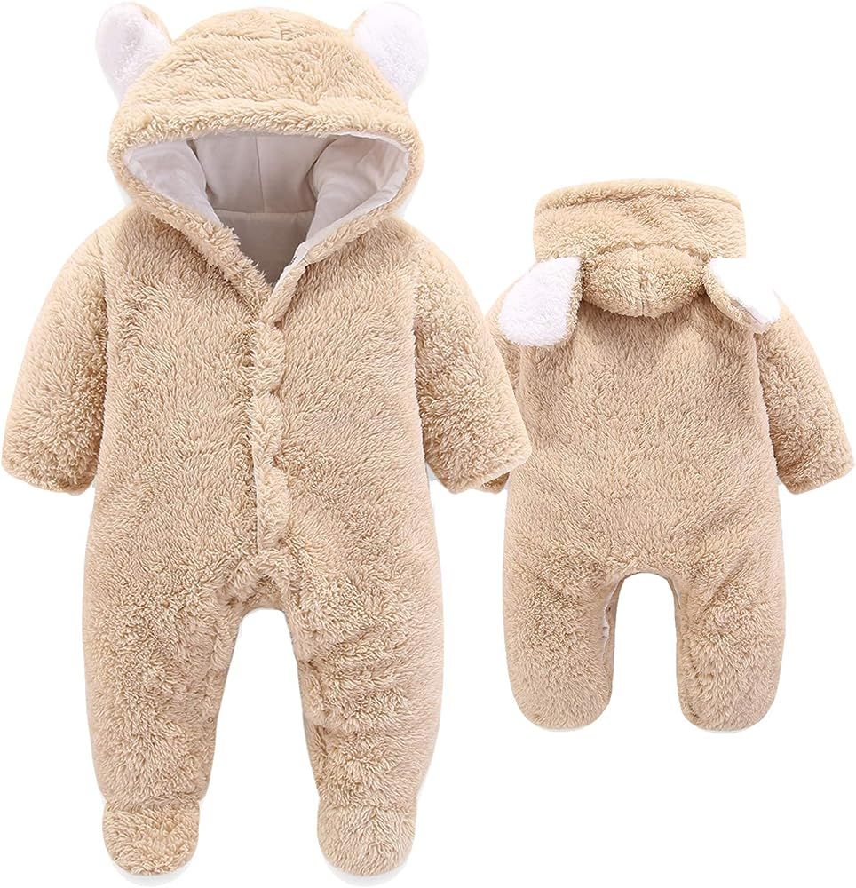 VNVNE Newborn Baby Cartoon Bear Snowsuit Warm Fleece Hooded Romper Jumpsuit | Amazon (US)