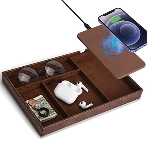 Valet Tray with Wireless Charger, Faux Leather Nightstand Tray, Mens Organizer, Catch-All Tray for Entryway Table Key, Wallet, Watch, Coin Change, Phone (Brown) | Amazon (US)