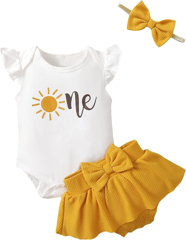 Baby Girl 1st Birthday Outfit - One Year Old Sunflower Skirt Set | Amazon (US)