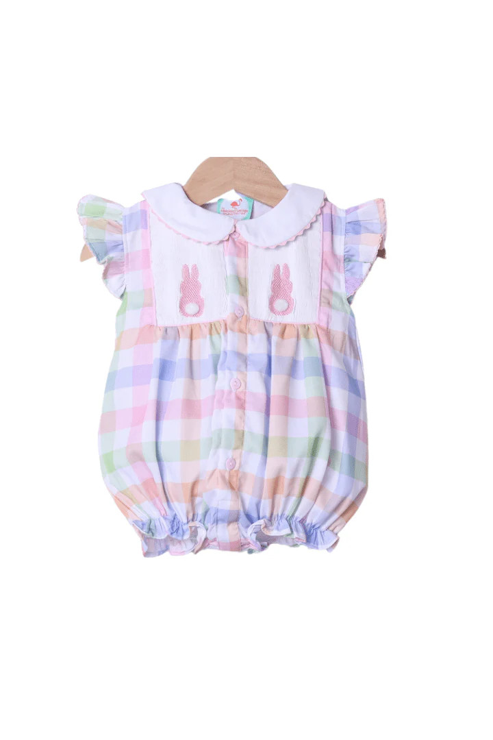 Smocked Pink Bunny Pastel Plaid Bubble | The Smocked Flamingo