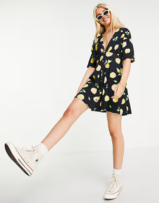 ASOS DESIGN tea dress with horn buttons in lemon print | ASOS (Global)
