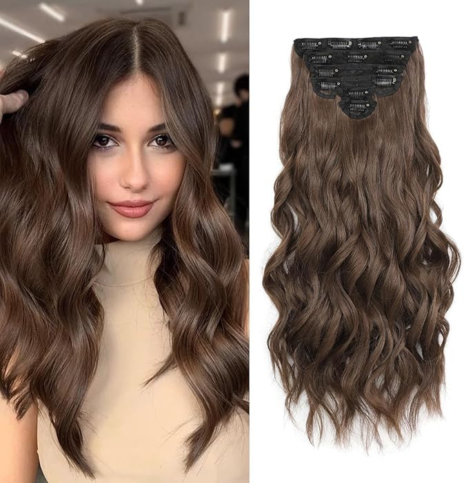 Clip in Hair Extensions for Women Chestnut Brown Long Wavy Hair Extensions Clip Ins 6PCS 20 Inch ... | Amazon (US)