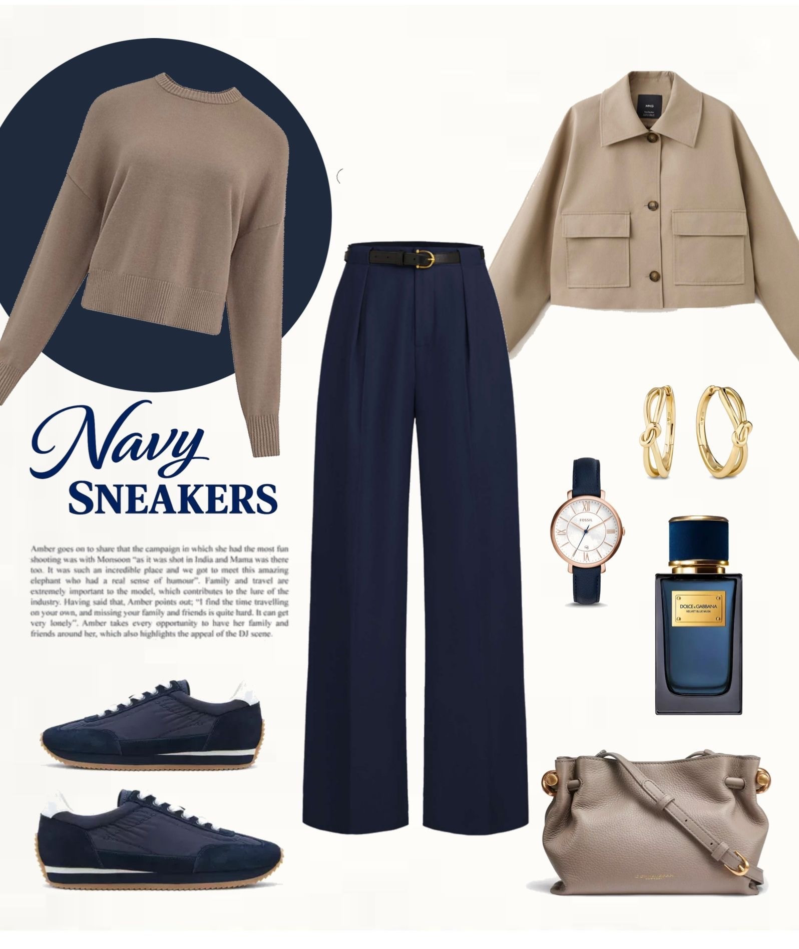 Chic and effortless spring outfit featuring a soft beige knit sweater paired with navy wide-leg trousers and navy sneakers for a polished yet comfortable look. Styled with a cropped beige jacket, taupe shoulder bag, gold hoop earrings, and a navy strap watch for a refined everyday outfit.

#springoutfit #casualchic #everydaystyle

#LTKOver40 #LTKootd #LTKSeasonal