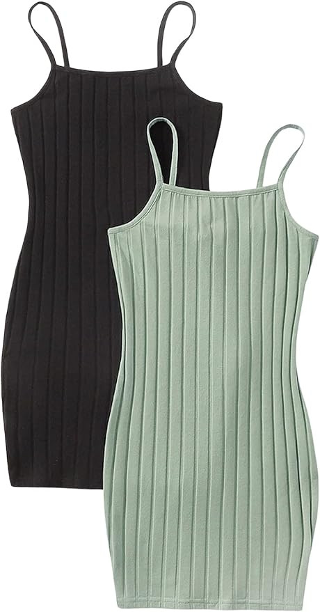 SOLY HUX Girls Sleeveless Spaghetti Strap Rib-Knit Bodycon Slim Fit 2 Piece Dress | Amazon (US)