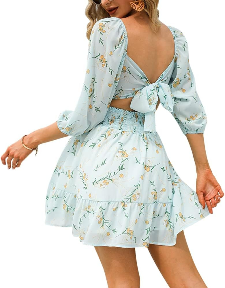 EXLURA Women's Lantern Sleeve Tie Back Casual Dresses Ruffled Off Shoulder A-Line Vintage Mini Dr... | Amazon (US)