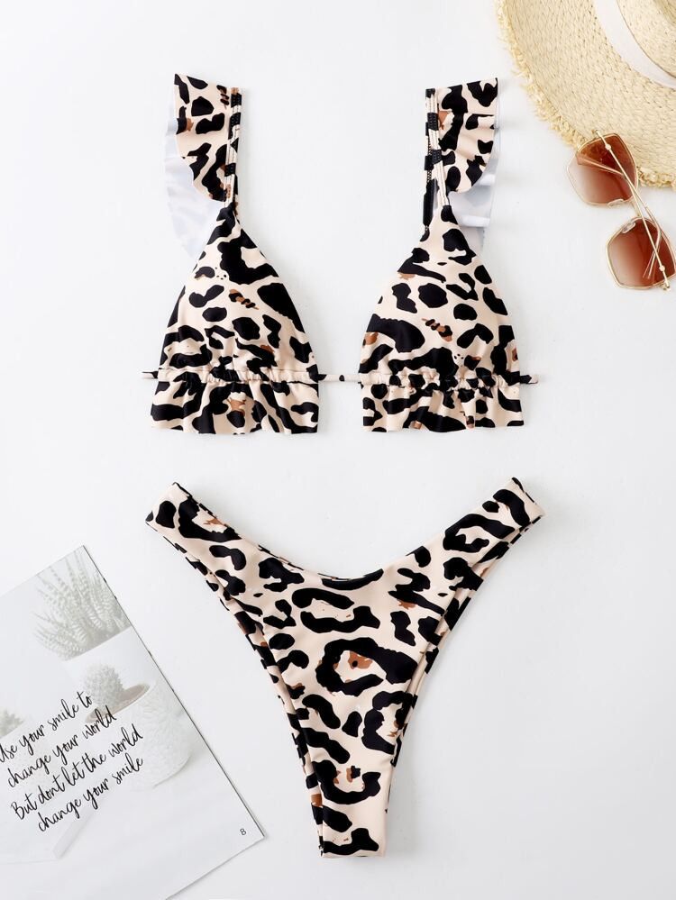 Leopard Ruffle Hem Bikini Swimsuit | SHEIN