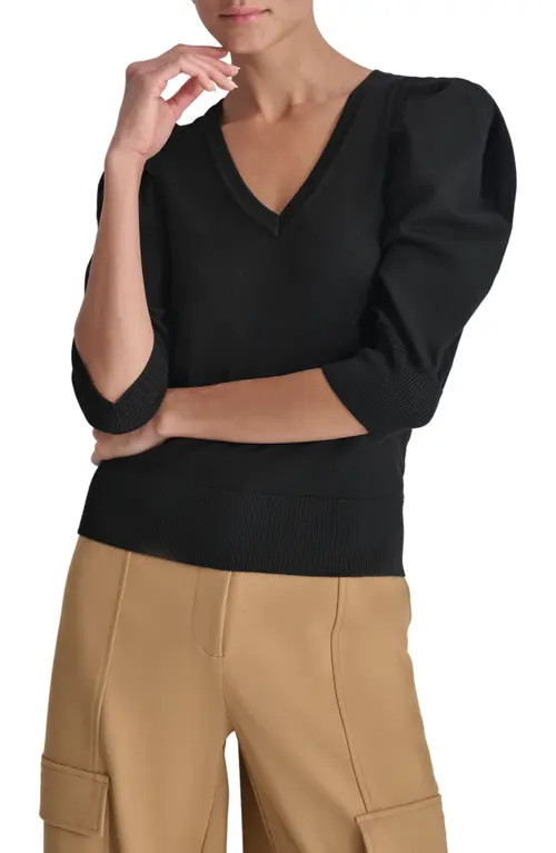 DKNY Puff Sleeve V-Neck Sweater in Black at Nordstrom, Size Small | Nordstrom
