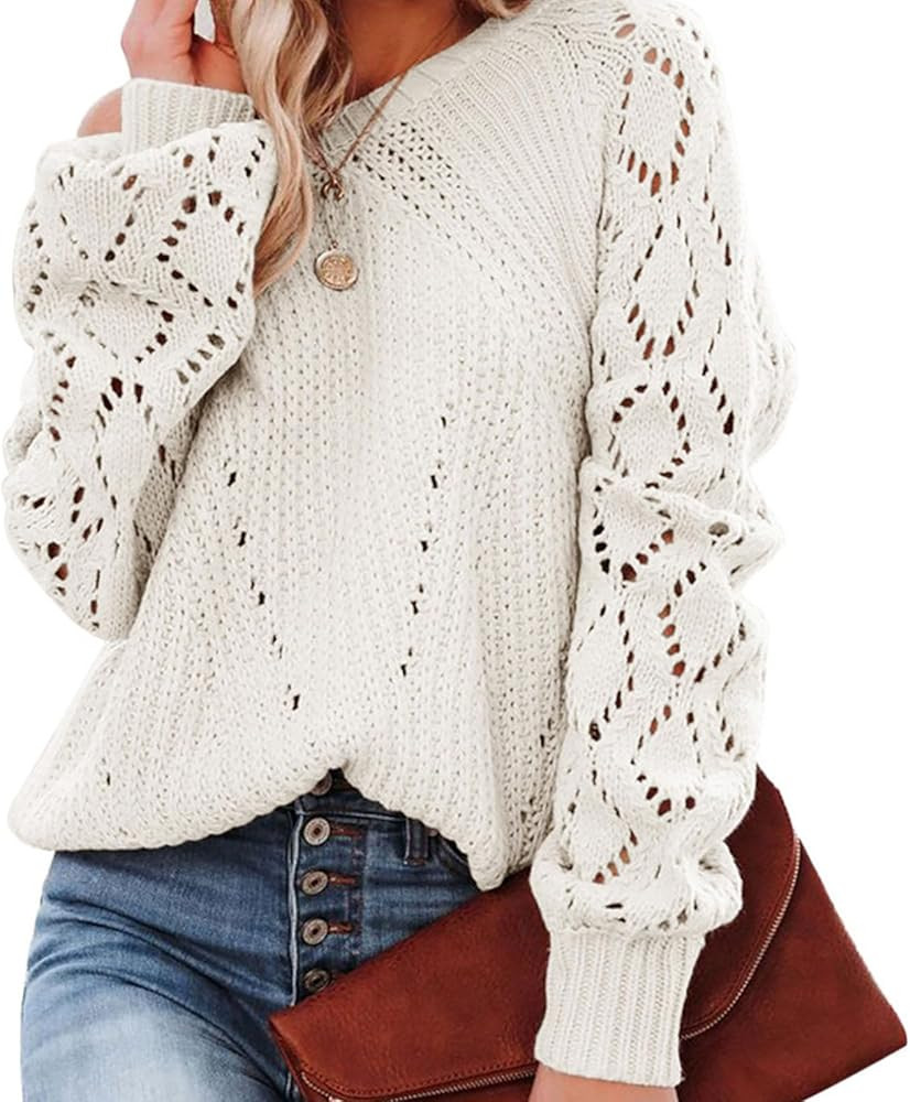 Contrast Lace Eyelet Knit Sweater for Women, Stylish V Neck Sweater Crochet Knit Pullover Sweater... | Amazon (US)