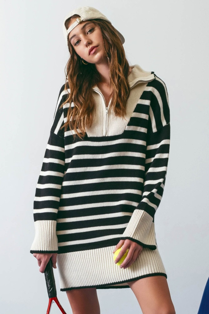 Black Striped Zipper Front Collared Sweater Dress | PinkBlush Maternity