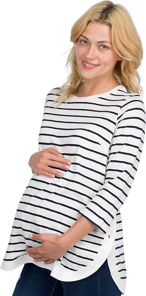 Striped Side-Button Maternity & Nursing Long Sleeve Top - Lightweight Maternity Tops for Work - S... | Amazon (US)