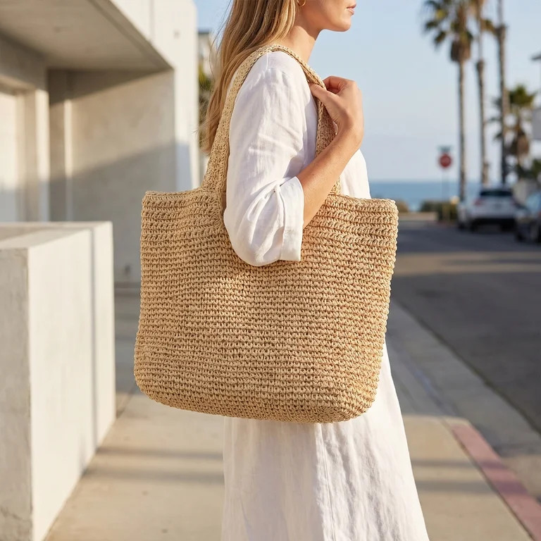 Fountwell Large Woven Beach Bag for Women Soft Straw Shoulder Purse Tote Handbag for Summer Vacat... | Walmart (US)