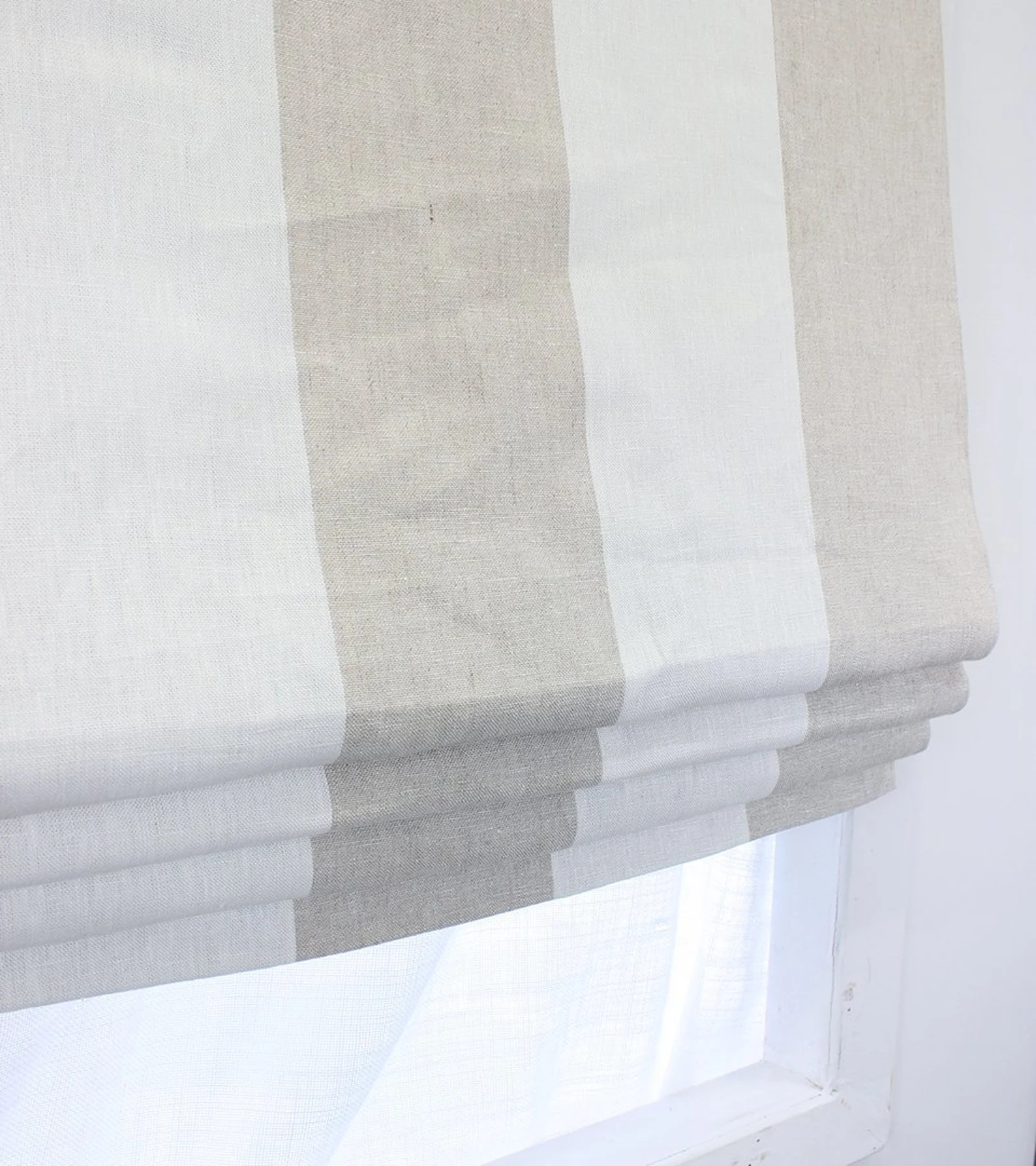 Beige Oatmeal off White 5" Striped 100% Linen Wide Stripe Flat Roman Shade,farmhouse/cl1026 - Ets... | Etsy (US)