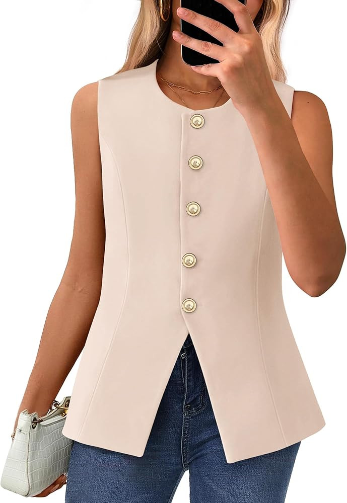 BTFBM Summer Sleeveless Blazer Vest For Women Dressy Button Down Round Neck Business Casual Outfi... | Amazon (US)