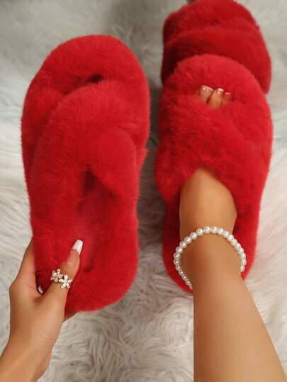 2025 New Fluffy Slippers For Women, Thick Sole Plush Slip-On Slippers For Outdoor & Indoor Wear, Anti-Slip, Autumn/Winter,Christmas,New Year Outfits | SHEIN