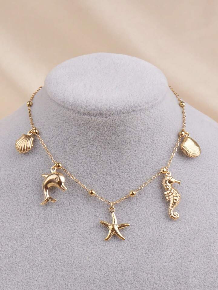 1pc Fashionable Ocean Element Multi Pendant Necklace, Dolphin Pendant, Starfish Pendant, Shell Pe... | SHEIN