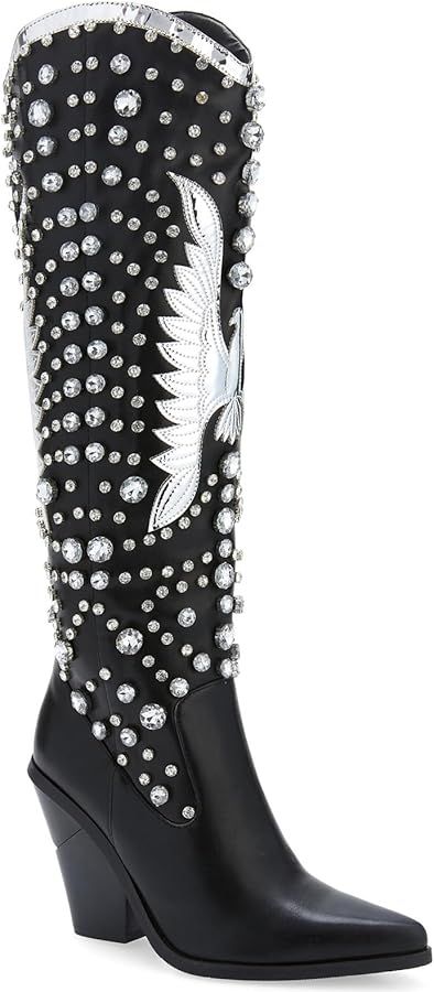 WIRALOMI Rhinestone Cowboy Boots for Women Eagle Parttern Cowgirl Boots Chunky Heel Knee High Wes... | Amazon (US)