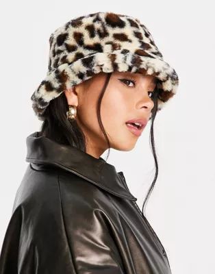 ASOS DESIGN faux fur roll back bucket hat in leopard print | ASOS (Global)