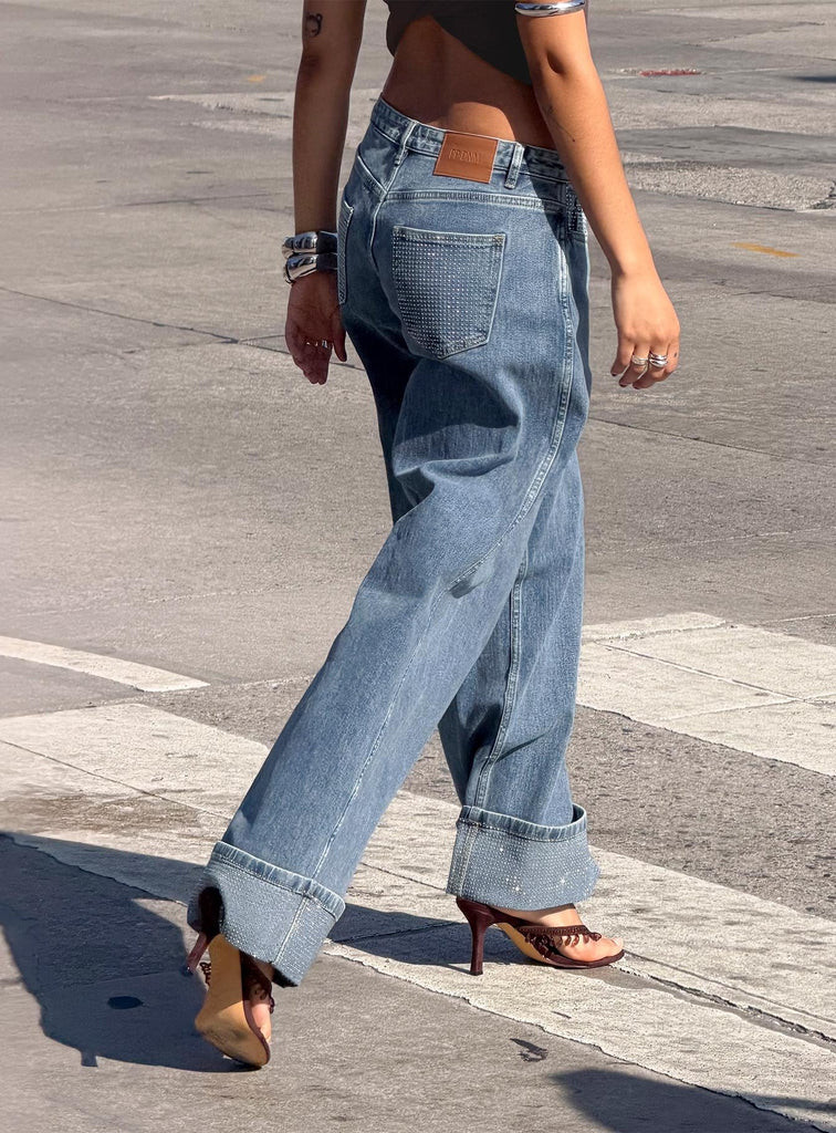 Ramos Diamante Low Rise Wide Leg Jeans Washed Mid Blue | Princess Polly US