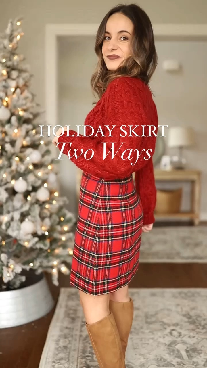 Holiday skirt two ways 

Outfit 1: skirt 00
Sweater xxs 
Boots: size up 1/2 size, narrow shaft 

Outfit 2: 
Skirt 00 
Sweater petite xxs 
Coat (similar linked) 
Boots tts 

#LTKSeasonal #LTKHoliday #LTKxAF