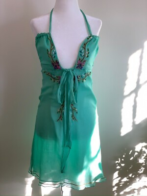 Lotta Stensson Silk Sequin Embellished Halter Midi Dress S Green Fairycore Aqua  | eBay | eBay CA