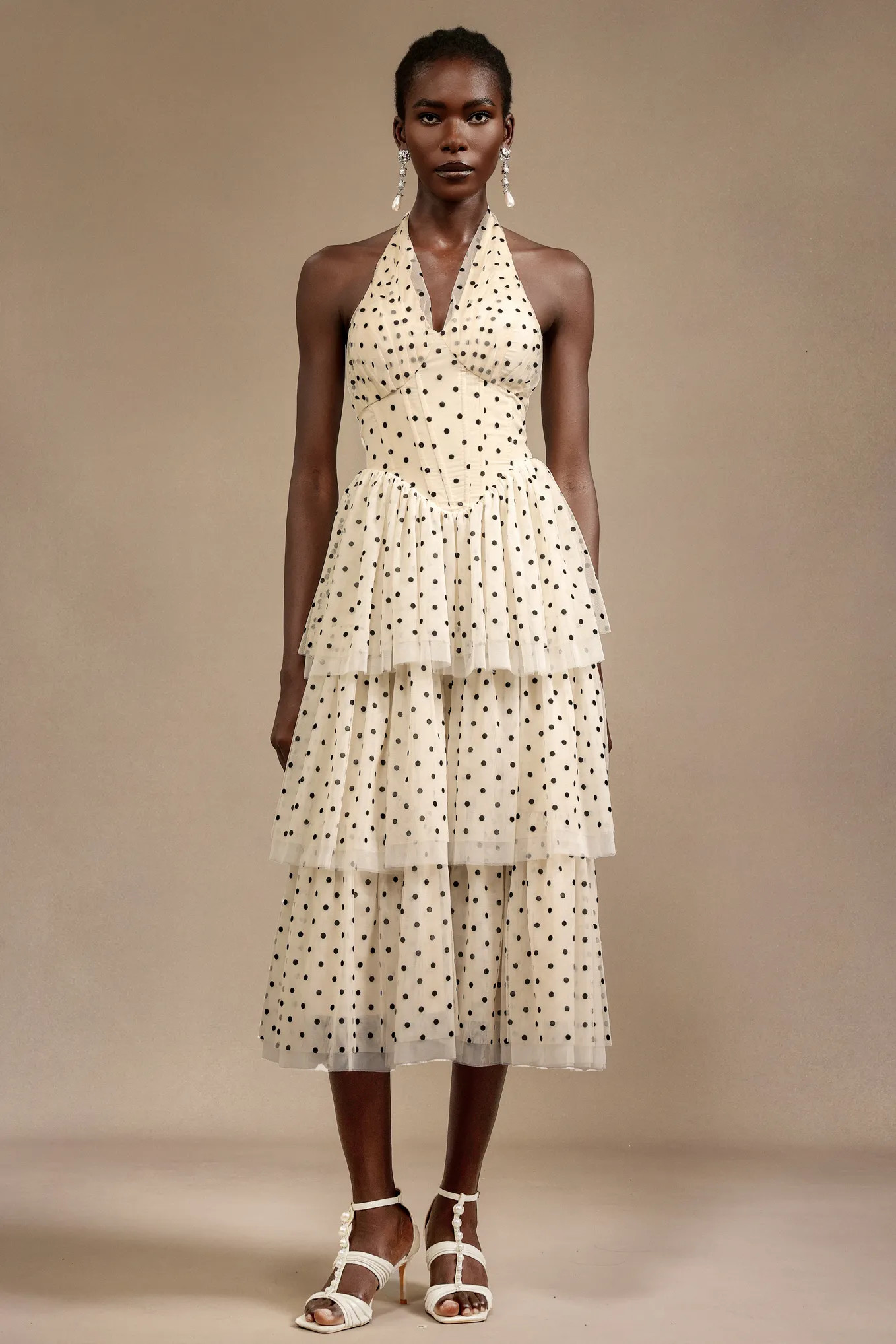 Julieta Sleeveless Dot Printed Layered Folds Midi Dress | Bellabarnett Affiliate Marketing