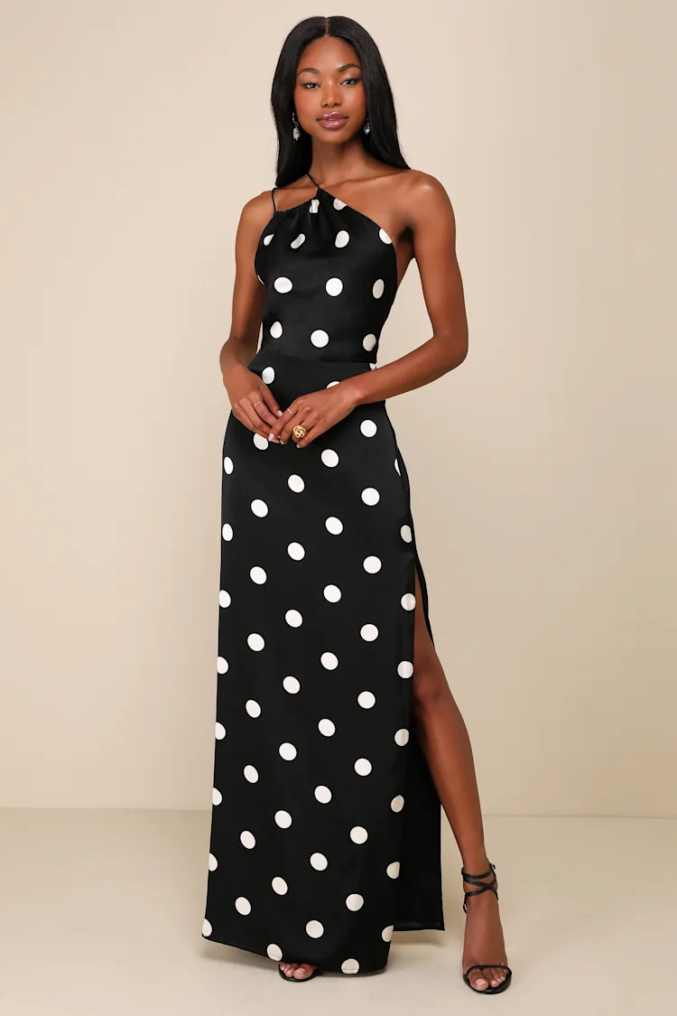 Chic Affection Black Polka Dot Satin Asymmetrical Maxi Dress | Lulus