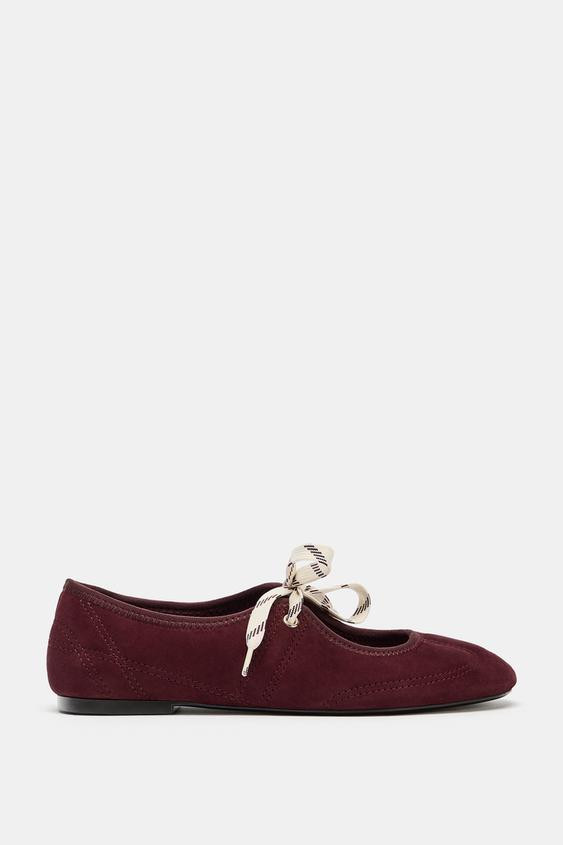LACED SPLIT LEATHER BALLET FLATS | Zara US