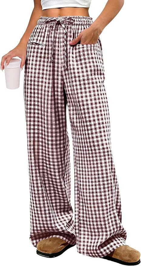 ANRABESS Womens Striped Gingham Pants 2025 Pajama Drawstring Wide Leg Lounge Plaid Pants Cute Cas... | Amazon (US)