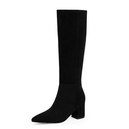Easyfox Black Suede Knee High Boots Chunky Heel Tall Black Boots for Women Pointed Toe Fall Boot Suede Long Block Side Zipper Boot Size 9.5 | Amazon (US)