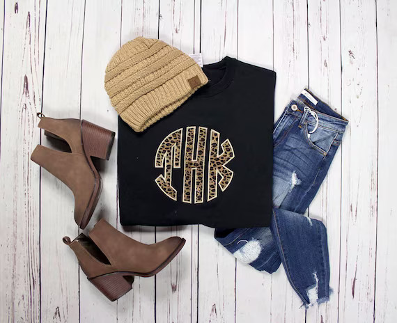 Circle Initials Monogrammed Sweatshirt BIG Cheetah, Applique, Cheetah Print, Preppy | Etsy (US)
