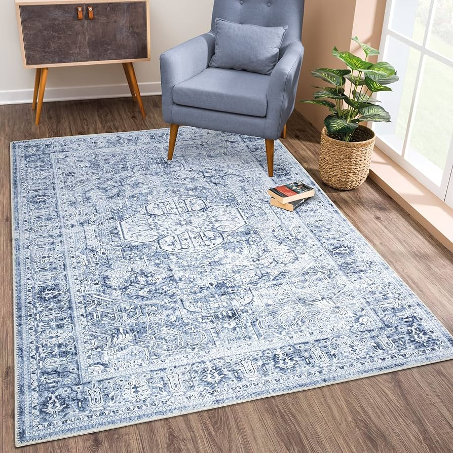 Bloom Rugs Washable Non-Slip 3' x 5' Rug - Ivory/Denim Blue Traditional Medallion Area Rug for Li... | Amazon (US)