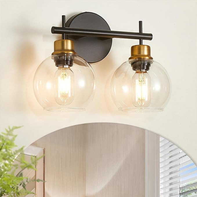 Bathroom Light Fixtures, 2 Light Black Gold Bathroom Vanity Light with Modern Globes, Globe Vanit... | Amazon (US)